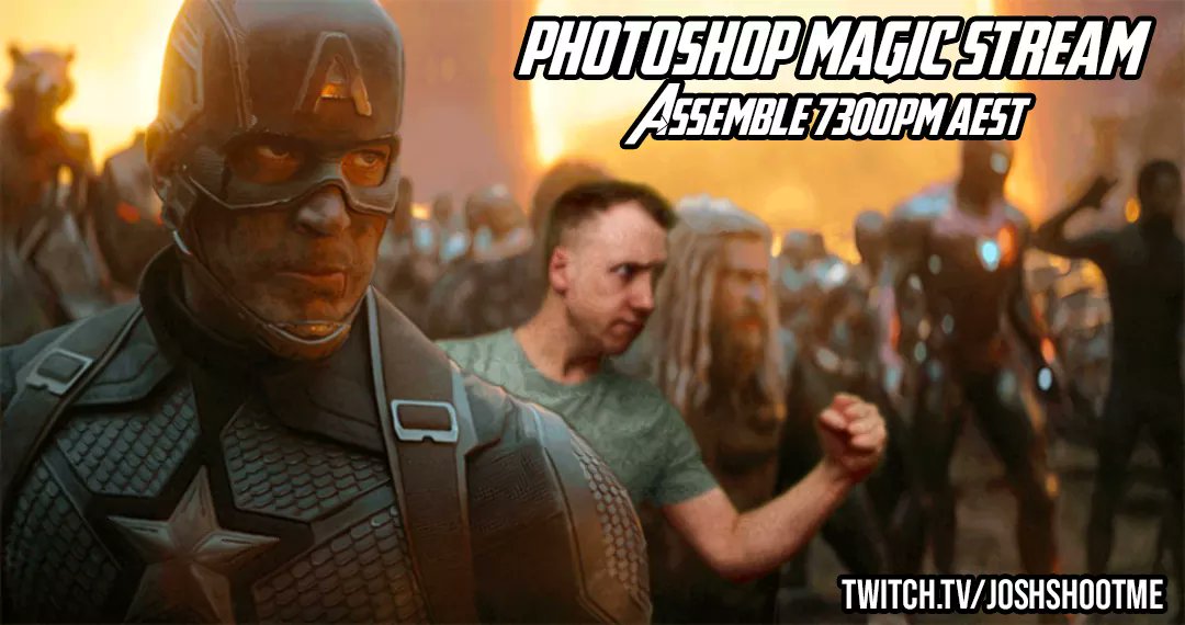 JoshLd21's tweet photo. ITS TIME TO ASSEMBLE! Another community achievement reward stream, the Photoshop magic stream is on tonight. Ever wanted to be in the movies? Pop in and make a request and I'll make it happen live 730pm AEST https://t.co/9eBzAX8S8e https://t.co/1BsJc9ARxb