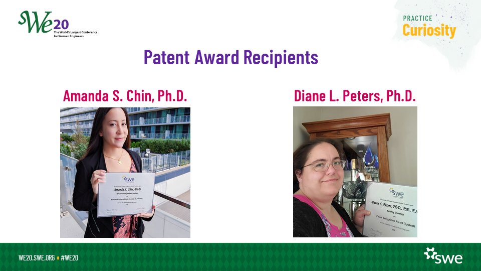 SWE_WIA's tweet photo. While there was not a formal recognition for the Patent Award winners at #WE20, we would like to highlight the academics who won the award.
Congratulations!
A list of all winners is available at: https://t.co/xryABi823C
#WE20wia #practiceCuriosity https://t.co/4bzu4OcS1J