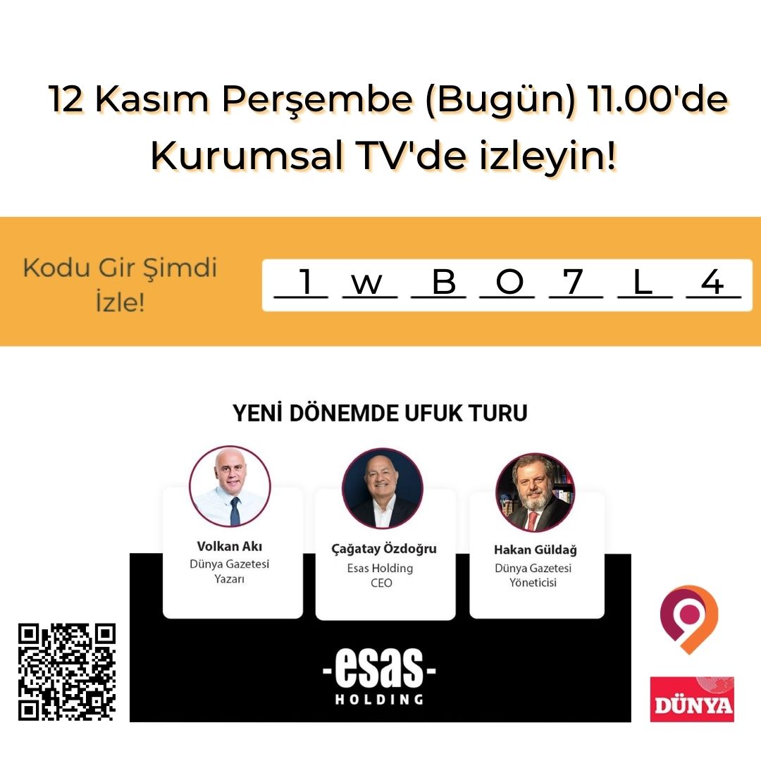 "Yeni Dönemde Ufuk Turu" yayınını hemen izlemek için kodu kurumsal-tv.com adresine yazın veya QR kodu okutun; yayını izlemeye başlayın!

Yayın kodu: 1wBO7L4