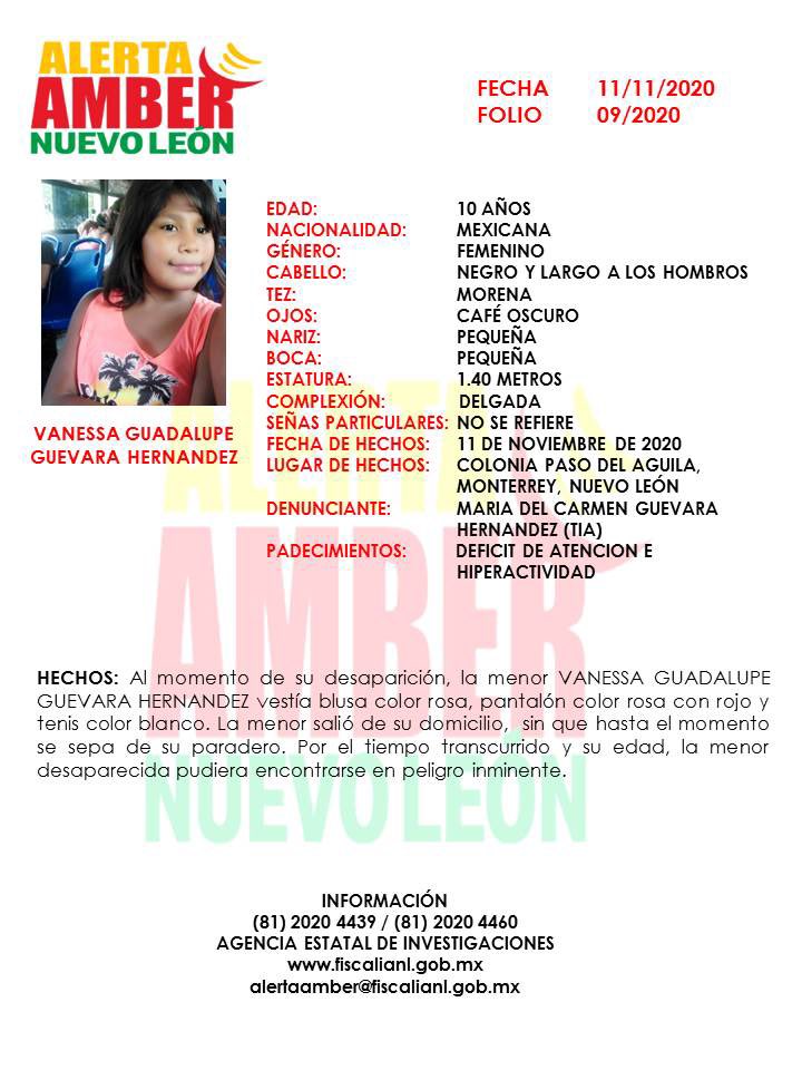yadithvaldez's tweet photo. Reportan desaparición de niña de 10 años en Colonia Paso del Aguila al poniente de Monterrey. La menor Vanessa Guadalupe, padece déficit de atención e hiperactividad. 🚨🚨🚨🚨 https://t.co/oMu7QzyHOq