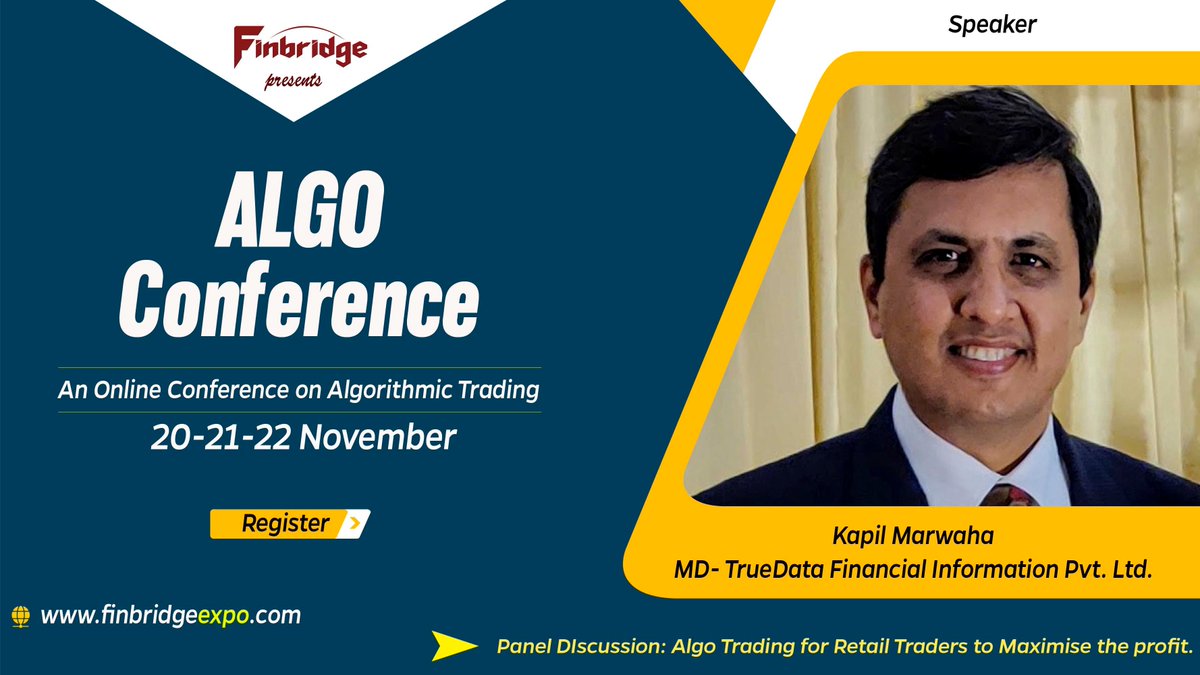 FinbridgeExpo's tweet image. Kapil Marwaha (MD -TrueData Financial Information Pvt Ltd), will be speaking at the #AlgoConference 2020. He will be sharing various aspects of #AlgoTrading in the interactive panel discussion -&quot;Algo Trading for Retail Traders to Maximise the profit.&quot;
⚡️finbridgeexpo.com