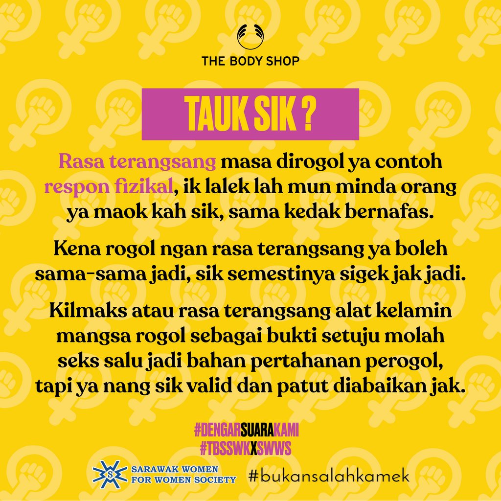 Mun orang ya turned on, sik semestinya bermaksud nok mangsa ya suka atau maok kenak gangguan seksual. Badan manusia nang akan respon, lam kes tok, respon fizikal, sik lalek lah mangsa ya maok kah sik.

#bukansalahkamek #consent #malaysia #sarawakwomen #gangguanseksual