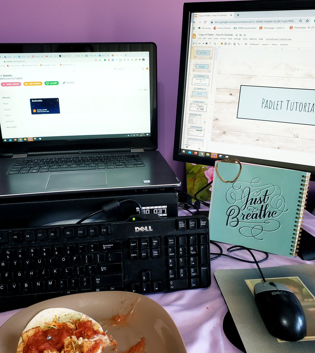 MsJenDaniels's tweet photo. Who needs fancy conferences? 
How about #selfdirectedPD #lunchandlearn #lifelonglearner #messyplate #KeepItReal #dualmonitors exploring @padlet Thanks for the training tutorials @Ms_LCrowe @DSBNVirtual 
(PS, I miss fancy conferences[and live people], but this is #covidfriendly !) https://t.co/G7zUO23FK0