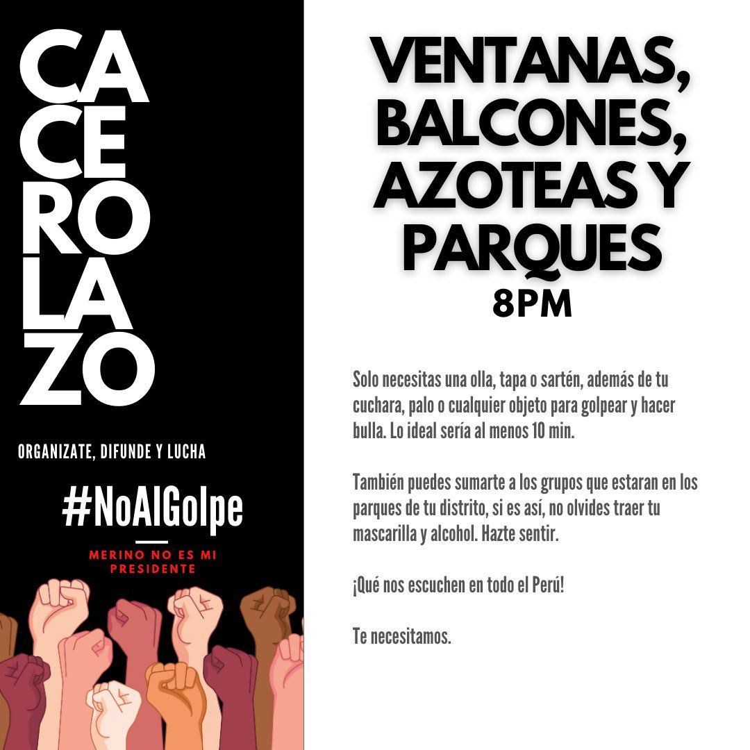 adorarlert's tweet photo. ¡No se olviden de esto! Participen del Cacerolazo, es algo que pueden hacer desde sus casas, recuerden que estarían ejerciendo su derecho a protestar, no se queden callados y golpeen sus ollas, botellas, lo que tengan que haga bulla ¡Hagan ruido! ¡Que todo el Perú nos escuche! https://t.co/EbyZqawazb