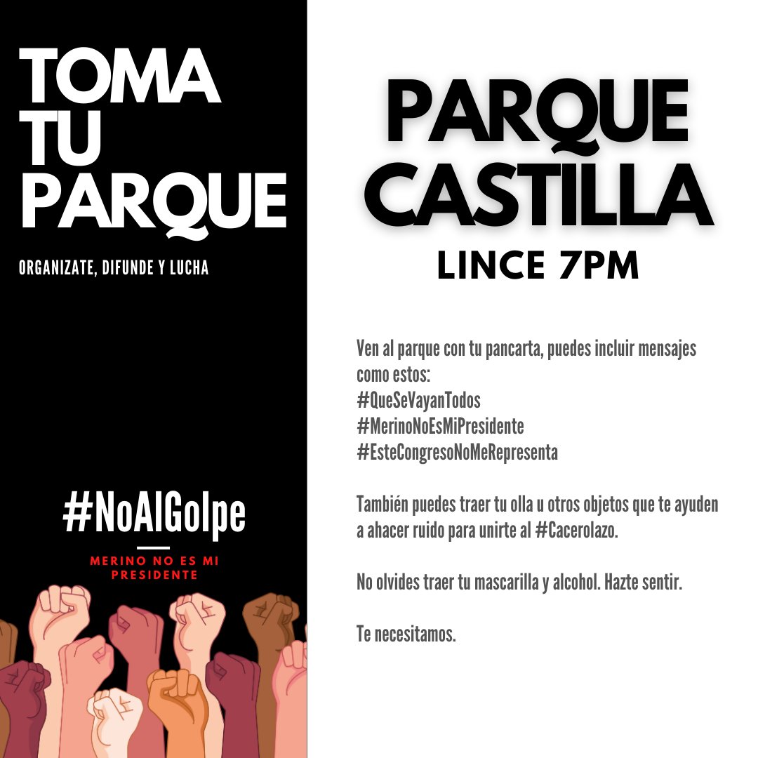 Para la gente de #lince mañana 7pm en el parque Castilla, todos protegidos con sus mascarillas, caretas, alcohol desinfectante y distanciamiento salimos a alzar la voz! #ProtestaHastaQueNosDevulevanElPais #protestapacifica