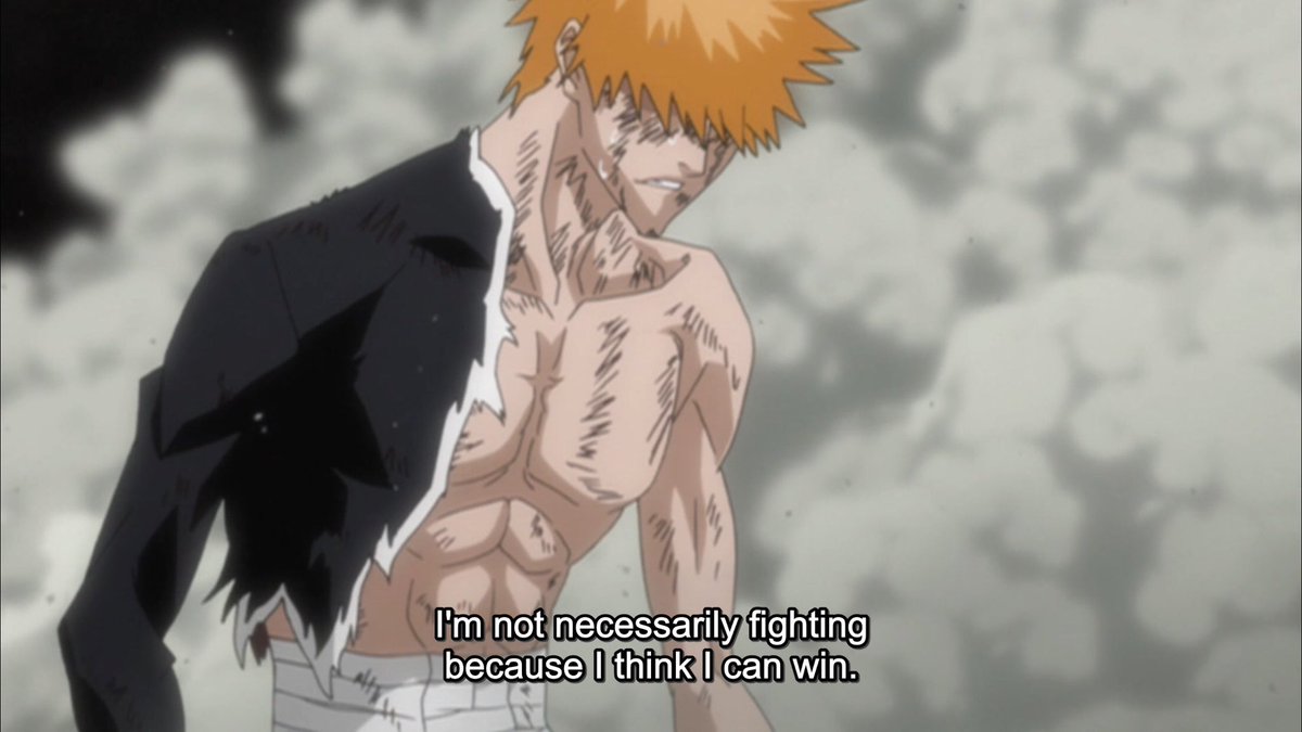 Ichigo admits he has no sensible reason to prolong this battle. He is carrying on purely out of duty. An unbreakable loyalty to his friends. He’ll gladly die even a meaningless death if it means he gets to fight for their sake. But I’ll tell you what’s truly brilliant about this.