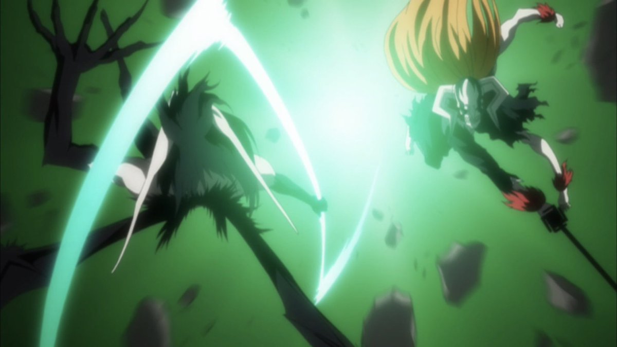 The battle dynamic is flipped and now it’s Ulquiorra who futilely struggles, unable to believe what’s happening. However, Ulquiorra shows us where he differs from Ichigo in how he responds to the strength disparity between he and the feral hollow.