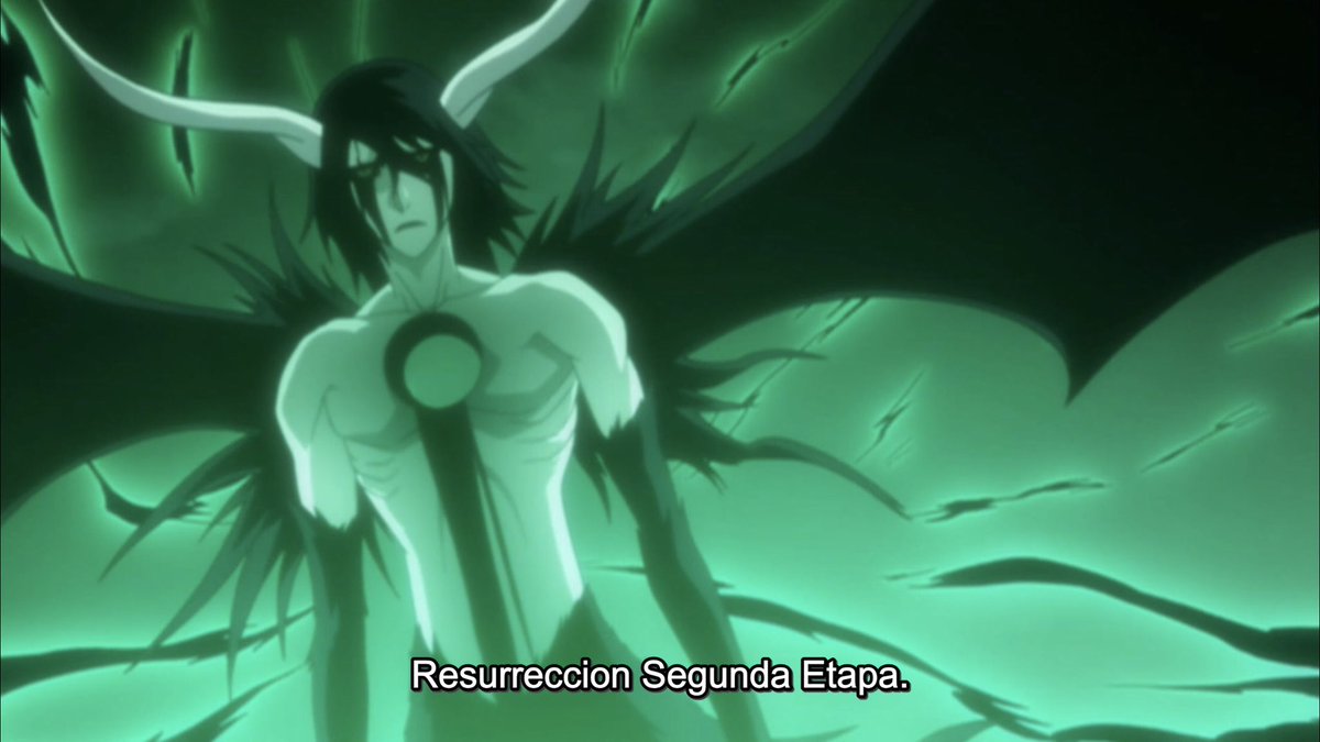 Frustrated with Ichigo’s meaningless struggling, Ulquiorra reveals that he has a second release at his disposal, one which the soul reaper couldn’t even justify him using with his comparatively meager strength. Ichigo is frightened but there’s still fire in his eyes.