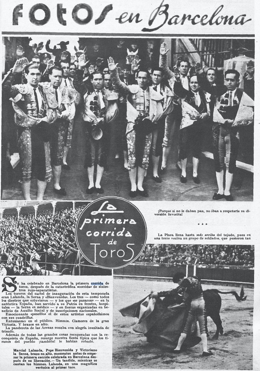 5) Yet militarism and politicization of masculinity persisted: Football matches were described in battle terms. Toreros hailed Franco with the fascist salute. The trope of women as the “solace of the warrior” remained.