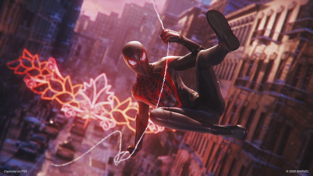 PlayStation's tweet image. *THWIP THWIP!* Marvel's Spider-Man: Miles Morales is available now at PS Store: play.st/31qrLIF #BeGreater #BeYourself #PS4 #PS5