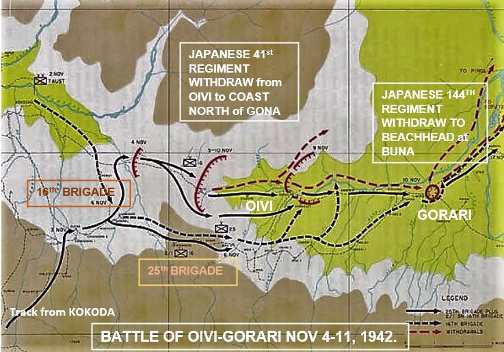2/5The advancing Australians were blocked by 41 Regt.The Japanese position on Oivi Heights was too strong for 16 Bde.They couldn’t break into this position, or work around it. After 3 days, attacks on Oivi were halted as the 25 Bde struggled to Gorari along a southern track.
