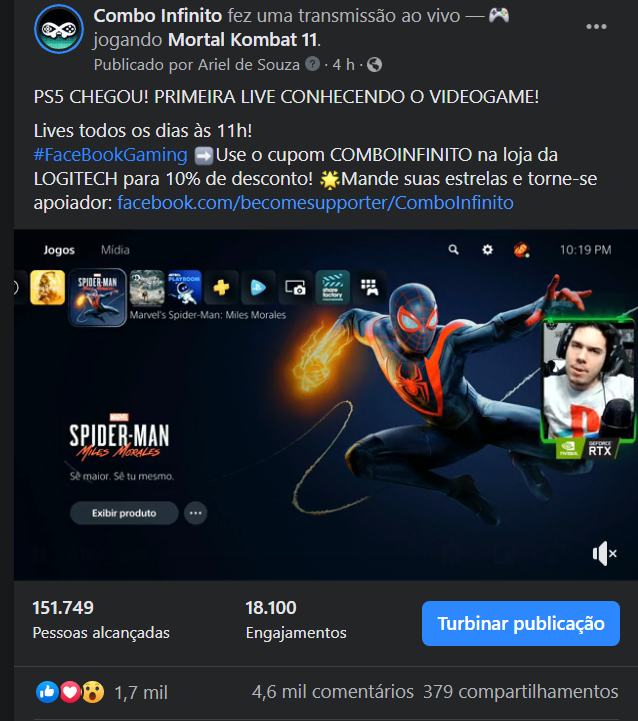 Ariel Combo on X: Recorde de público na live de hoje na estreia do PS5 no Combo  Infinito! Batemos quase 1800 pessoas simultâneas e média de mil!! É o nosso  recorde desde