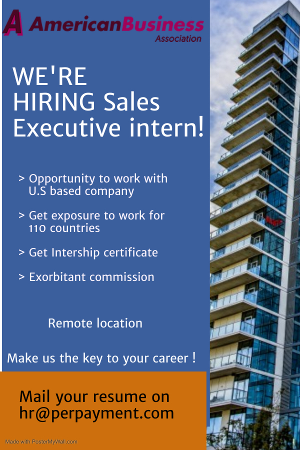 PriyankaMJ12's tweet photo. American Business Association is hiring for Sales Executive intern's
Start your career with Multi national company 
Opportunity to get global exposure in sales 
send your resume on hr@perpayment.com
#Perpayment #Hirekhan #Fundacle #ABACert https://t.co/KXejK9kf0W