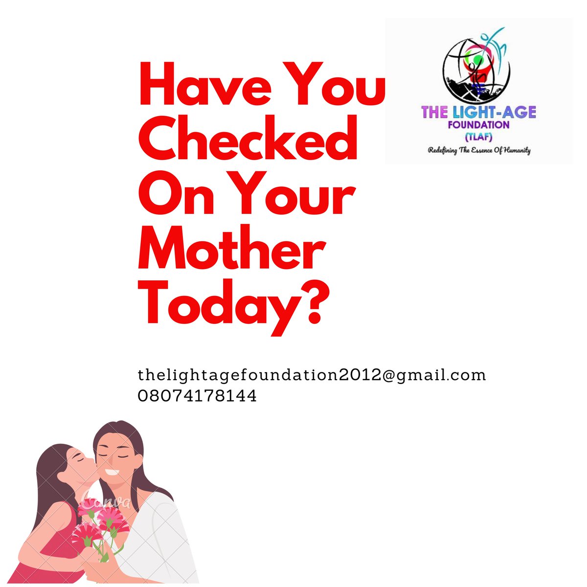 Lightage_Fd's tweet photo. Hello people. Its day 4 of our "check on them" series.
Why don't you check on that woman who you has been there for you in time of your under achievement, the woman who gave birth to you and that woman who keeps being your mum? They just might need it.🤍
#checkonthemnow #tlaf https://t.co/nVUieeJTP0