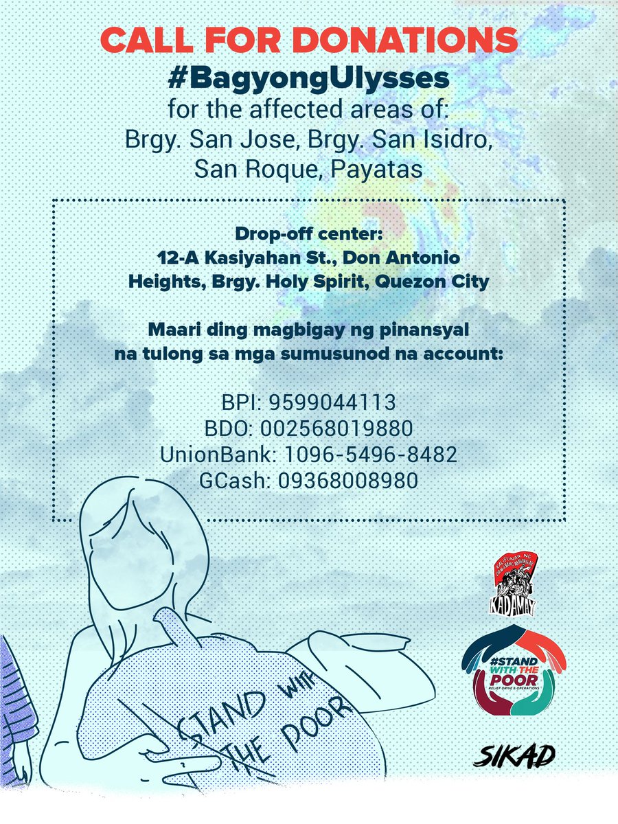 Call for donation!

We are raising funds and gathering donations for relocation communities in Montalban, Rizal and other communities in Quezon City devastated by typhoon Ulysses. Please get in touch with us for your donations.

#StandWithThePoor #SocialSolidarity