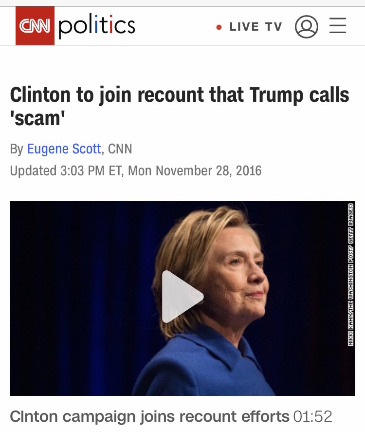 Flashnack to Nov 28, 2016: Clinton to join recount.So much for “conceding” a day after the election.Thanks  @KFILE for linking to this in a new item.cc  @MZHemingway  @EWErickson