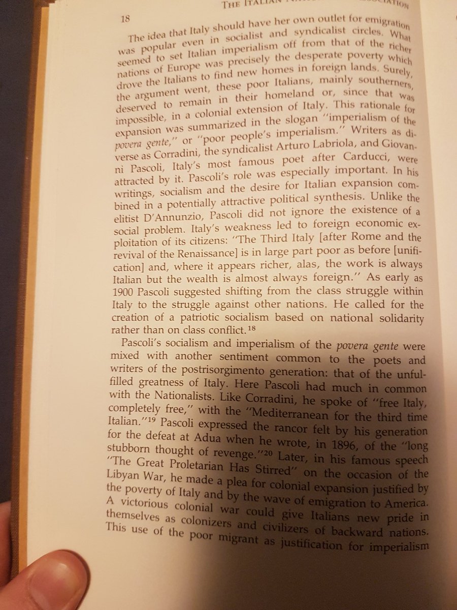 Italy's high emigration rate was a point of shame. Imperialist policy should serve the poor by giving them land grants in the colonies. Echoes of Roman methods of control, as well as a precursor to Corradini's concept of the proletarian nation against the plutocratic democracies.
