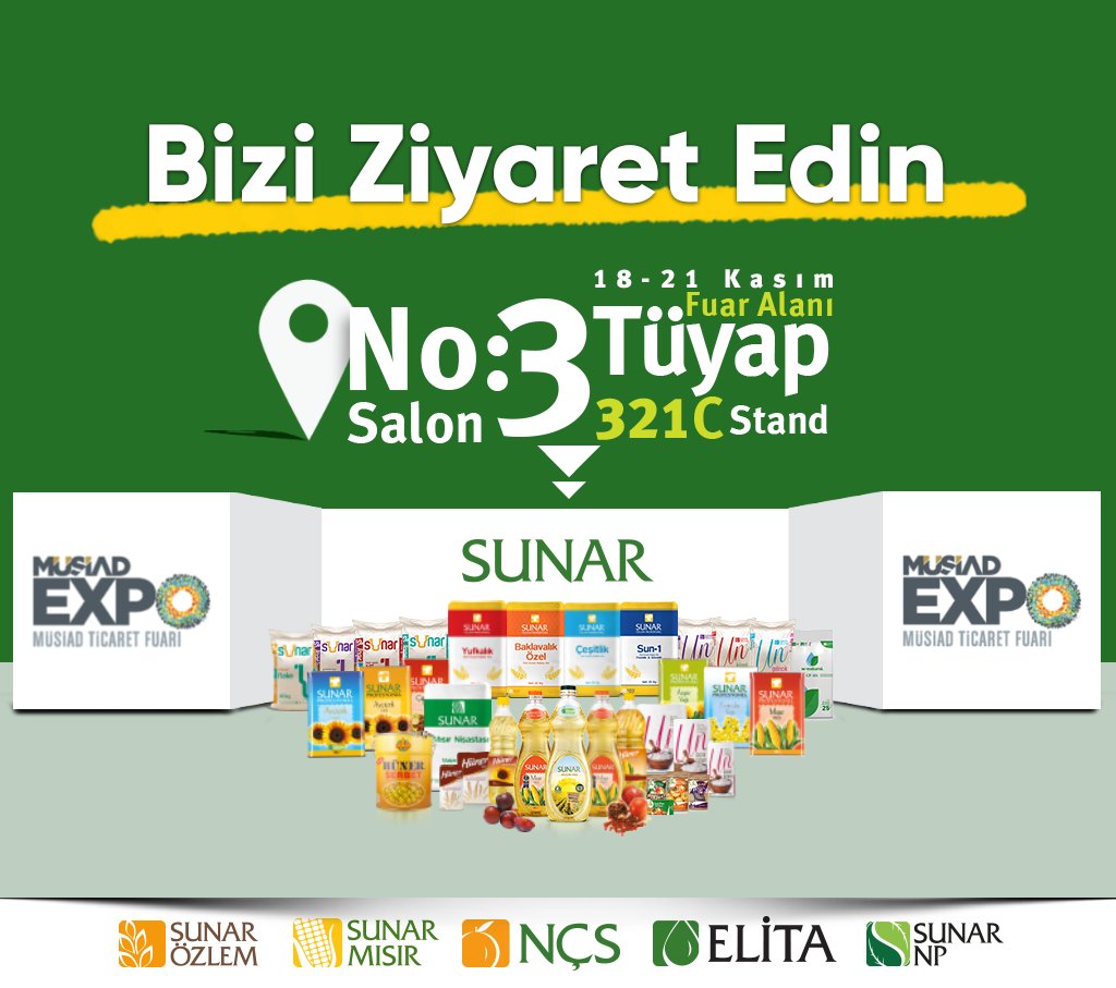 SunarUnveYem's tweet photo. Sunar Şirketler Grubu, 18-21 Kasım 2020 tarihleri arasında İstanbul Tüyap Kongre ve Fuar Merkezi’nde gerçekleşecek olan Müsiad Expo fuarında ziyaretçilerini maske, mesafe ve temizlik kuralları çerçevesinde ağırlayacaktır.
#SunarGrup #SunarÖzlem #SunarMısır #Elita #NÇS #SunarNP https://t.co/FT1H0GyOB5