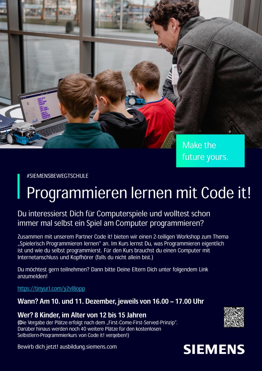 Wir freuen uns sehr über eine neue spannende Kooperation. Gemeinsam mit #SiemensbewegtSchule – einer Initiative von @SiemensDE – veranstalten wir einen kostenlosen Programmierworkshop für Kinder im Dezember.