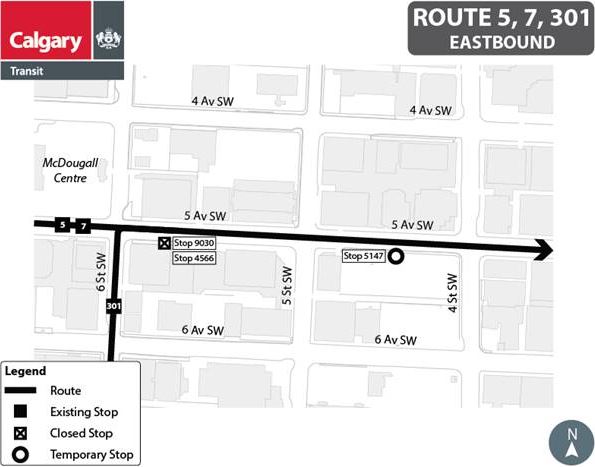 calgarytransit's tweet photo. #CTRiders #Route5 #Route7 #Route301 have stop closures beginning Fri, Nov 13 7PM, ending Mon, Nov 16 at start of service. Stops 9030/4566 (EB 5 Av SW @ 6 St SW) will be closed. A temporary stop will be EB 5 Av SW @ 5 St SW (Stop 5147) https://t.co/gFe0uMXwmK