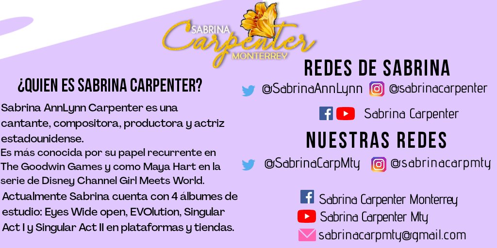 SabrinaCarpMty's tweet photo. Bienvenidos a "Sabrina Carpenter Monterrey" el primer fan club de Sabrina en tierras regias. Síguenos para saber más de |@SabrinaAnnLynn| en sus redes y próximos proyectos.
A continuación te dejamos esta información que te puede interesar junto a nuestras redes.
#TEAMSCMTY https://t.co/YULknHlfo1