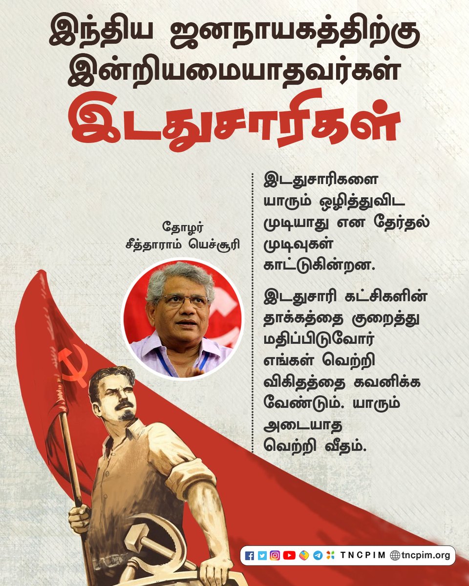 tncpim's tweet photo. இடதுசாரிகளை யாரும் ஒழித்துவிட முடியாது என தேர்தல் முடிவுகள் காட்டுகின்றன. இடதுசாரி கட்சிகளின் தாக்கத்தை குறைத்து மதிப்பிடுவோர் எங்கள் வெற்றி விகிதத்தை கவனிக்க வேண்டும். யாரும் அடையாத வெற்றி வீதம் - தோழர் சீத்தாராம் யெச்சூரி #CPIM #IndianDemocracy #LeftAlternatives #LeftWins https://t.co/EzycoNCkcL
