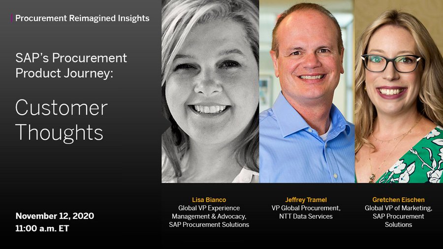 Tune in to the SAP Ariba's LinkedIn channel today at 11am EST for a short yet insightful conversation on <a href="/SAP/">SAP</a>'s #procurement journey, XM and more with Jeffrey R Tramel from <a href="/NTTDATAServices/">NTT DATA</a> and <a href="/GretchenEischen/">Gretchen Eischen</a>.