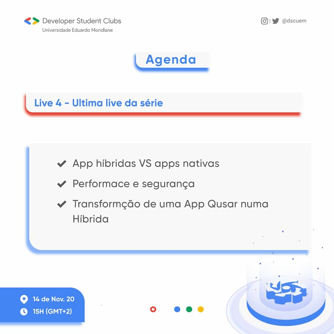 gdscuem's tweet photo. onde irá nos mostrar mais á fundo as características de Apps nativas e construir uma usando Cordova.
Mais informações: https://t.co/fSksSxHuGl
Vens ou vamos?
#DSCUEM
#Explicador
#StayHome
#StaySafe
#DeveloperStudentClubs https://t.co/CLPXMo1r44