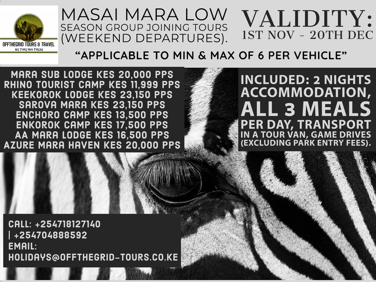 OffthegridT's tweet photo. #Magicalkenya #OffTheGridTours #TembeaKenya #BlackFridayDeals #MasaiMara
+254704888592 /+254718127140
holidays@offthegrid-tours.co.ke https://t.co/QeQdEQipL3