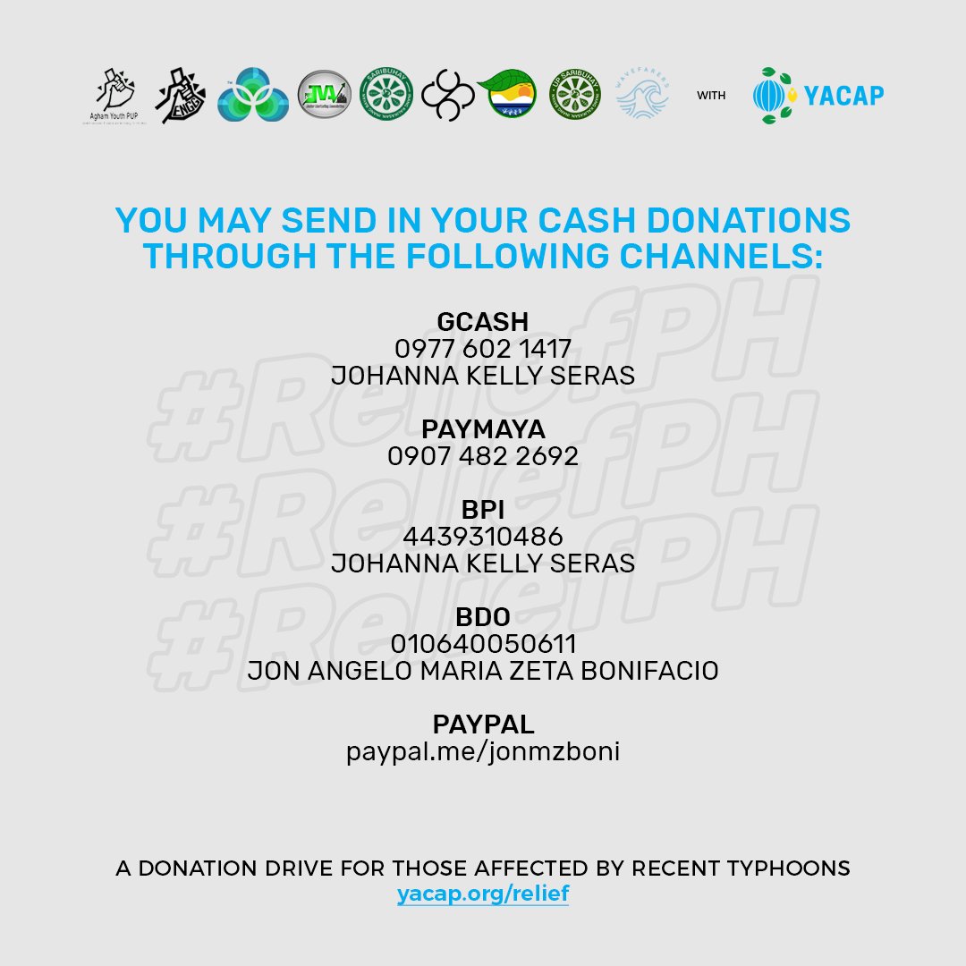 YACAPhilippines's tweet photo. The PH has been ravaged by 4 typhoons in less than a month. We are calling on our local &amp; international friends to donate and help the most affected.

We are accepting cash and in-kind donations. Check this thread to see how you can help!

#ReliefPH
#UlyssesPH https://t.co/qCR5PJ72MP