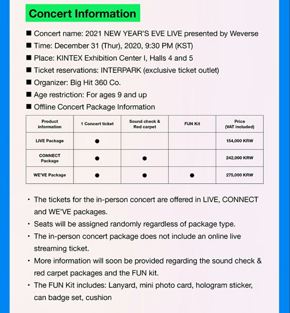 likechizu's tweet photo. Tanggal: 31 December 2020, 21.30PM KST (19.30 WIB)

Pricelist
- LIVE package (hanya tiket konser)
= 154k won (Rp 1.94jt)

- CONNECT package (tiket + soundcheck &amp; red carpet)
= 242k won (Rp 3jt)

- WE'VE package (tiket + soundcheck &amp; red carpet + fun kit)
= 275k won (Rp3.5 jt) https://t.co/ph59sfx228