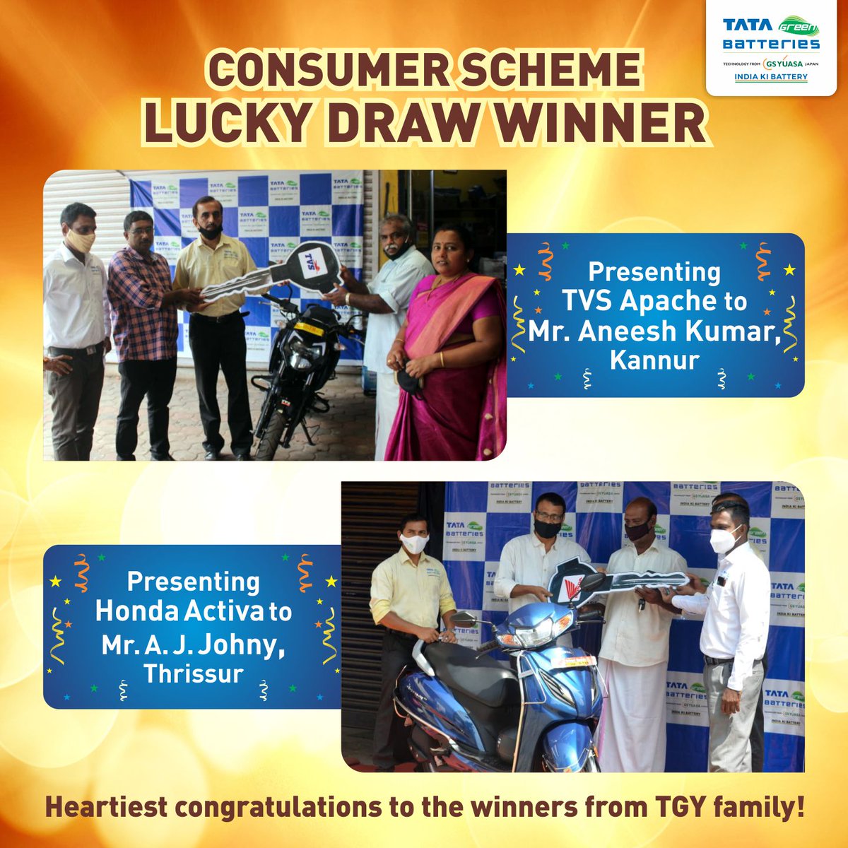 Tatagreenbatery's tweet photo. We are glad to announce the winners of our #ConsumerScheme!
A big #Congratulations to Mr. Aneesh and Mr. A.J. Johny from the Tata Green family.
#IndiaKiBattery #TataGreenBattery #TataGreenBatteries https://t.co/3ceIAdyvcw