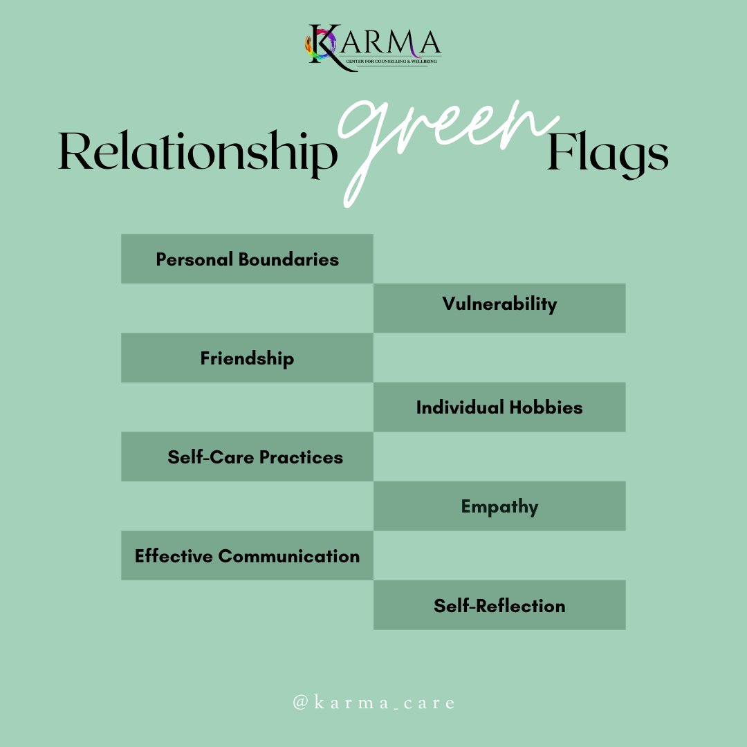 KarmaCCW's tweet photo. Relationships are an integral part of our lives and often influence various other aspects of our lives including our emotions and our self-esteem. Here are important flags to identify in your relationships.
#greenflags #redflags #relationshipflags #relationshippsychology #kccw https://t.co/NYfMAoBxii
