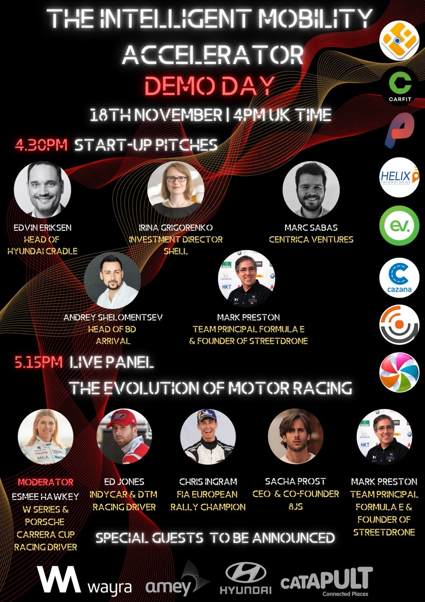 WayraUK's tweet photo. Start your engines... The Intelligent Mobility Accelerator Demo Day is here!
Grab your free ticket now: https://t.co/S8fckiwkTY
Join us on 18/11 at 4PM for pitches from the exciting start-ups and an all-star panel discussion with some of the top race car drivers in the world. https://t.co/ii3P7StnpT