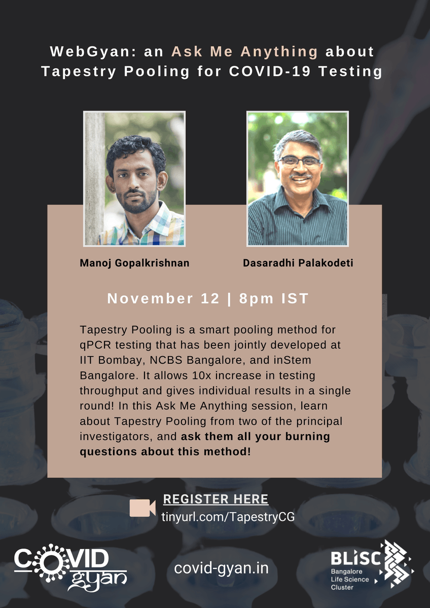 BLiSC_India's tweet photo. At 8pm IST, join the discussion on the #TapestryPooling method, it's been used to increase efficiency for #COVID19 testing! Find out more, and ask all your questions about implementing this smart pooling method:
https://t.co/URbKfe4v3W.
#covidgyan #PCRTest #covidtesting #AMA https://t.co/R8CZp2Rb5C