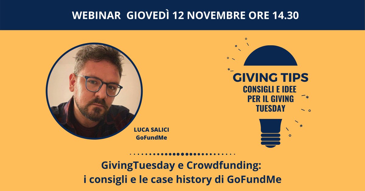 GivingTuesdayIT's tweet image. 📅Tra pochissimo live con un nuovo appuntamento di #GivingTips! Alle 14.30 vi aspettiamo con Luca Salici di Gofundme - Italia per parlare di crowdfunding e di #GivingTuesday ✌

Partecipa qui 👉ow.ly/i28350CiB8V️