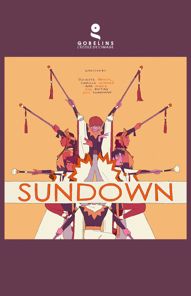 An illustrated poster of the dance troupe together. Two people stand on either side facing away from each other. They all have their arms raised and batons extended outward. There is one person standing in the center, looking down to Sacha beneath him, whose face is conveniently covered up by large poster text that reads, 'SUNDOWN.'