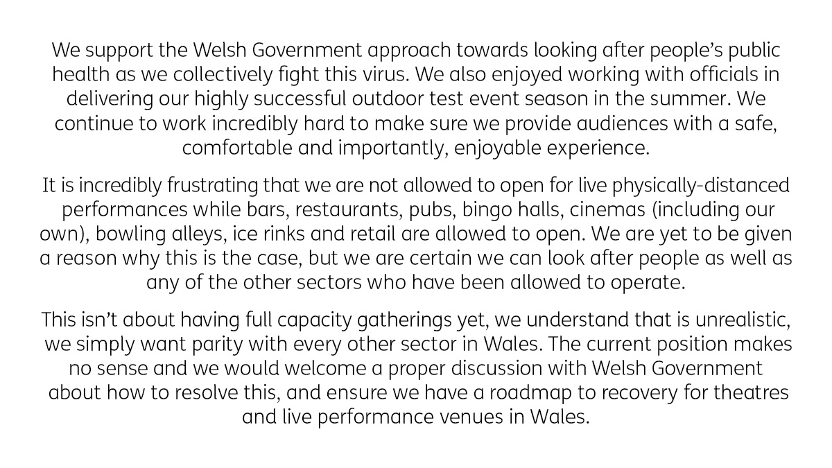 ClwydTweets's tweet photo. Our statement on live performance and theatre reopening in Wales.

Original Article:
https://t.co/WSqPrebo5P

@CreuCymru https://t.co/cIYcNmHBH2