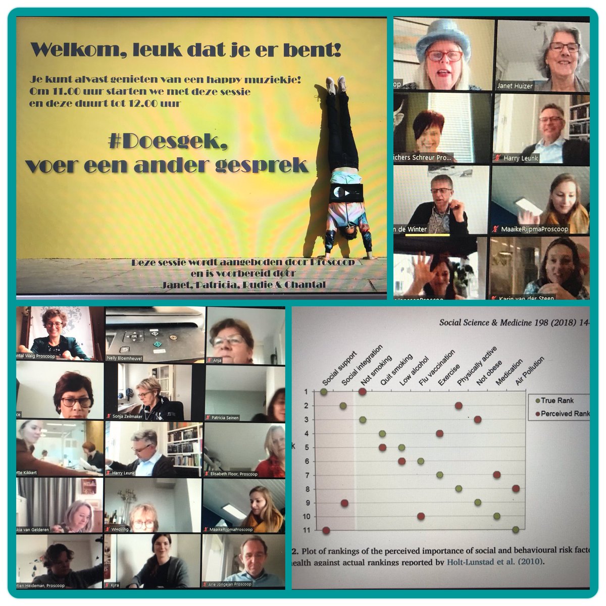 AndersGezond's tweet photo. Omdat sociale steun en het hebben van collega’s zo belangrijk is voor onze Positieve Gezondheid hebben we bij Proscoop een sessie georganiseerd met het thema #Doesgek, voer een ander gesprek! 👍👍host @RudievdBergCS @ros_proscoop #PositieveGezondheid #gewoonandersdoen https://t.co/l4fndouUpp
