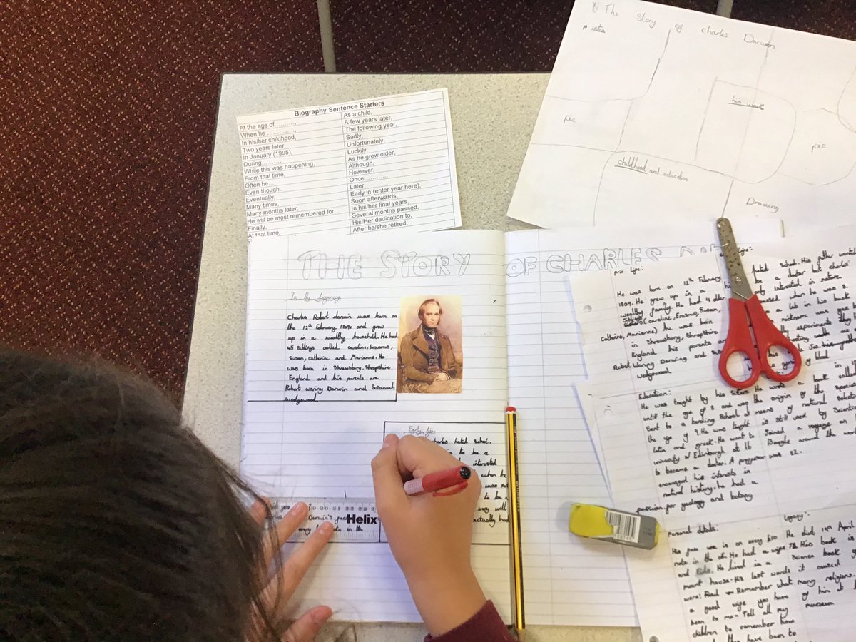 ABCPschool's tweet photo. Class 6P are beginning to write their biography on Charles Darwin! They are looking absolutely fantastic and include a variety of formal language, facts about evolutionary discoveries, his family life and many Did you Know's #charlesdarwin @NHM_London #ABPSScience #class6P https://t.co/ltN82Vr8OC