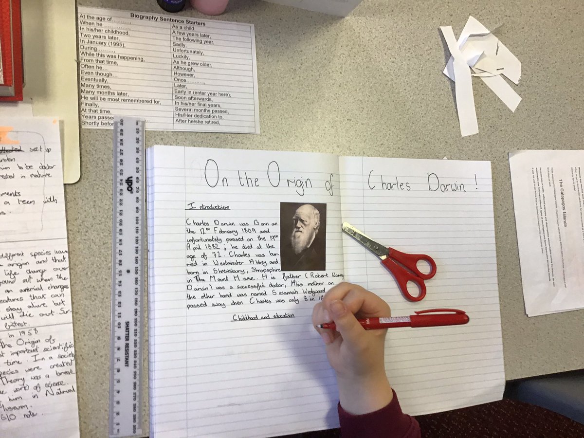 ABCPschool's tweet photo. Class 6P are beginning to write their biography on Charles Darwin! They are looking absolutely fantastic and include a variety of formal language, facts about evolutionary discoveries, his family life and many Did you Know's #charlesdarwin @NHM_London #ABPSScience #class6P https://t.co/ltN82Vr8OC