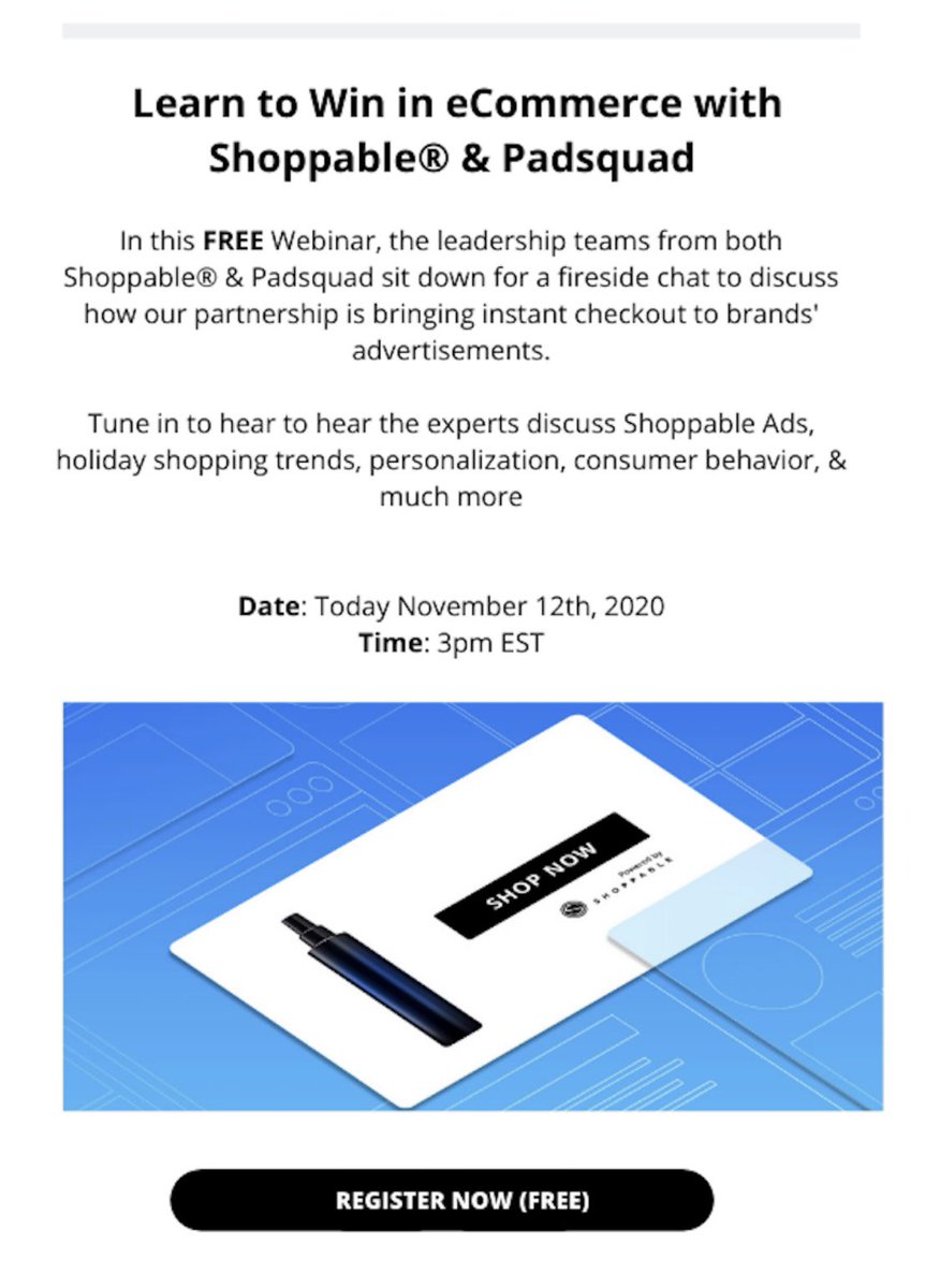 Shoppable's tweet photo. Don’t miss this later today. Shoppable x @PadSquadMedia Free registration
#ads #shoppableAds #advertising #DigitalMarketing #padsquad #poweredbyshoppable #buyitnow #ecommerce #holidays2020
https://t.co/Et2fr2yNI5 https://t.co/9DcYvcAs4y