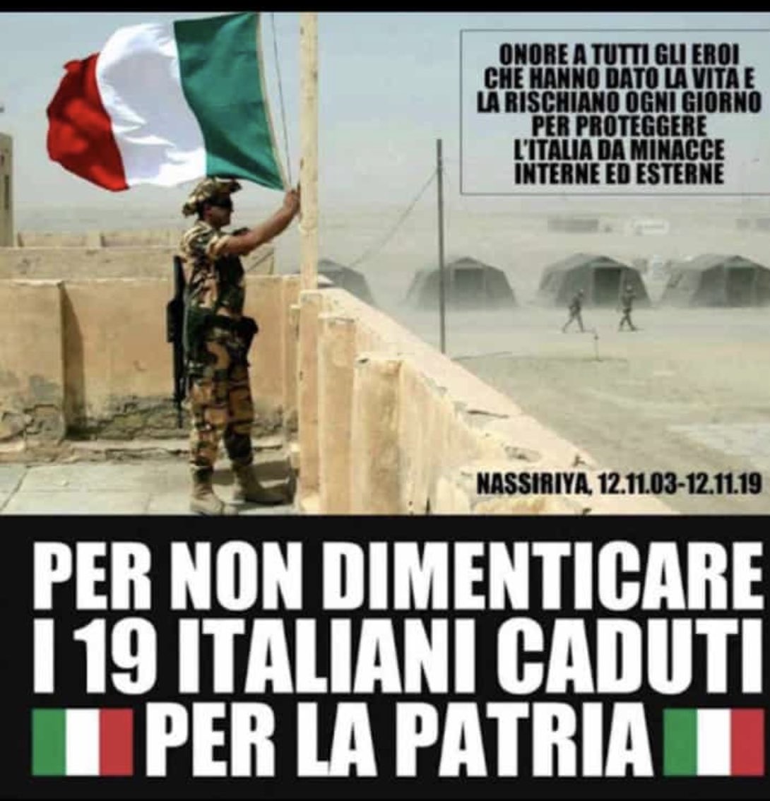 PCominetto's tweet photo. GIORNATA DEL RICORDO DEI CADUTI MILITARI E CIVILI  

Per non dimenticare... per chi ha perso la propria vita rappresentando l’ Italia nelle missioni di pace e sicurezza nel mondo.
Oggi triste anniversario della strage di Nassiriya
12/11/2003
12/11/2020
❤️🙏❤️ https://t.co/v1Z64EBlO7