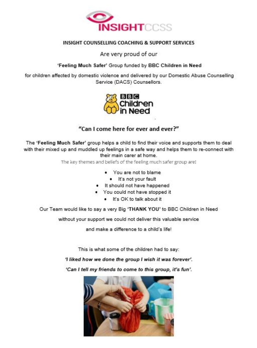 insightccss's tweet photo. @BBCCiN BBC CiN campaign - ‘Together, we can’ focuses on the life changing difference we can make to young lives across the UK if we all come together. 

Without the support of BBC CiN, we would not have been able to deliver our fabulous ‘Feeling Much Safer’ group. Thanks Pudsey! https://t.co/ZHz8PdmKBG