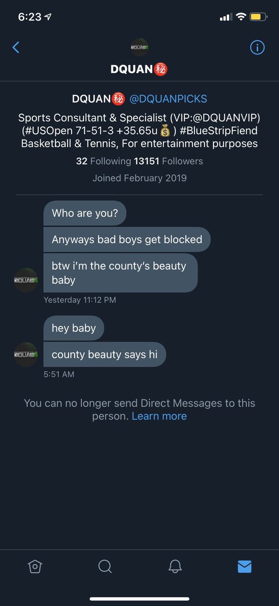 degen_d5's tweet photo. Hey @DQUANPICKS what kind of man talks shit and blocks you so you can’t respond? I noticed your overnight tennis pick lost again :/ about as solid as your Toledo pick bud! Or perhaps any of your other football picks LOL #fraud #smokeinmirrors https://t.co/62QfWAzkqU