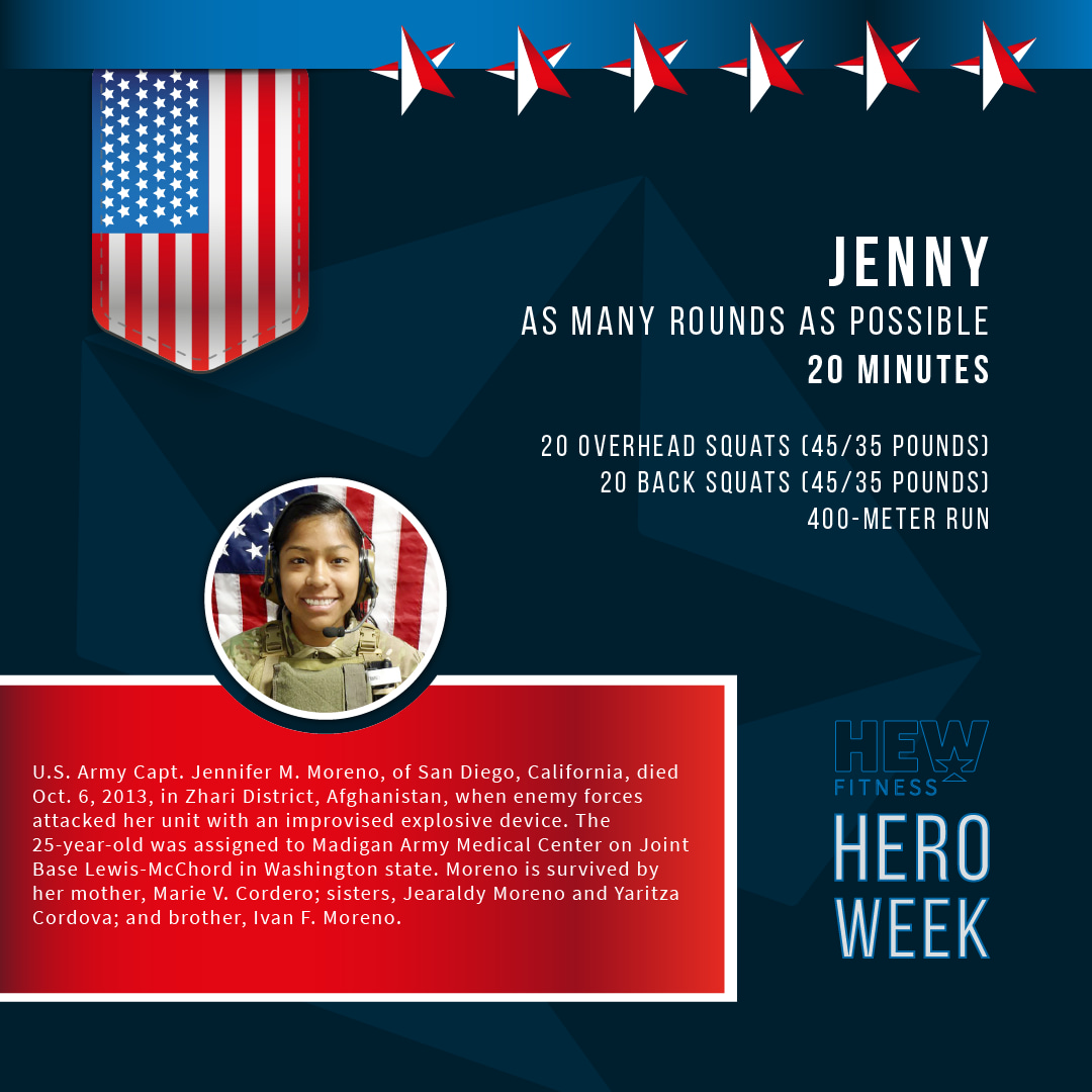 HewRocklin's tweet photo. You are almost there! Our 4th hero workout of the week is in honor of U.S. Army Capt. Jennifer M. Moreno, of San Diego, California. #HEWheroweek #jenny #hardexerciseworks #honor #respect #gratitude #hewfitness #veterans https://t.co/8u2hL1cxg0
