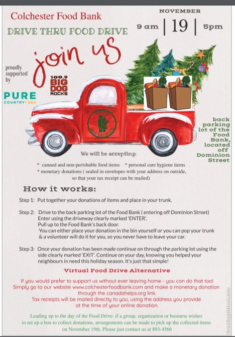 DaveRitcey's tweet photo. Drive Thru Food drive put on by the Colchester Community Support Society - Colchester Food Bank on Thursday, November 19th. Please consider to make a donation help provide our community members in need during the holiday season. #HopeNotHunger https://t.co/OFKtAYCy1B