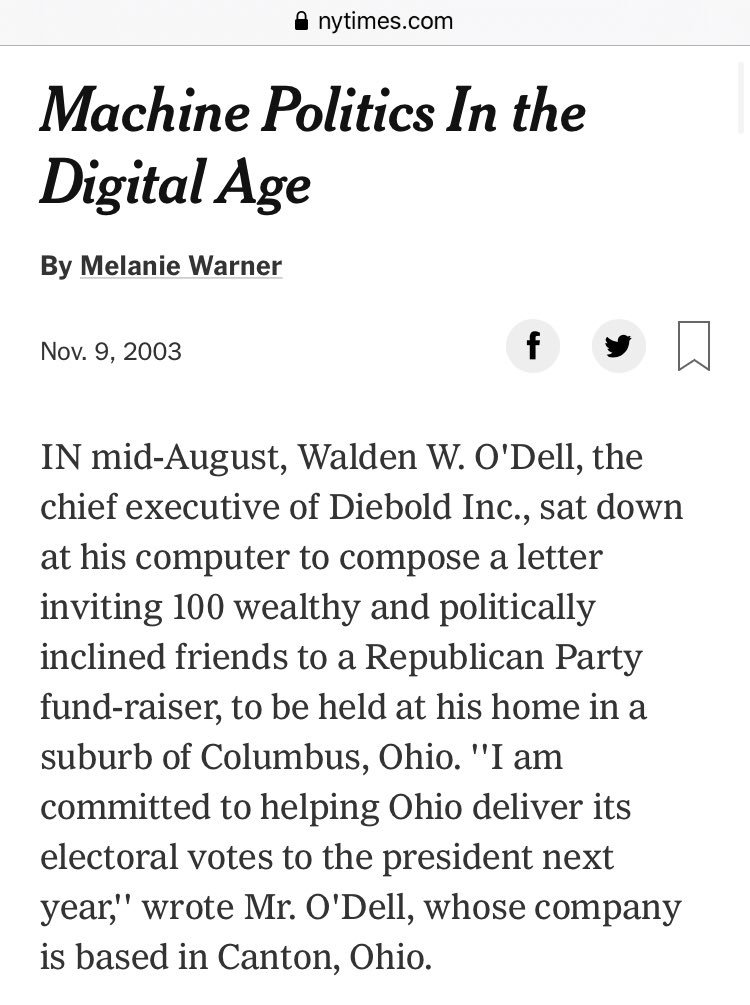 Quite funny for  @LPDonovan and  @chrislhayes to relegate the Diebold machines in OH as an issue raised only by conspiracy callers into Air America. But they were fed by major media.NYT a YEAR before the election:  https://www.nytimes.com/2003/11/09/business/machine-politics-in-the-digital-age.htmlAlso note that NBC was busy with it.