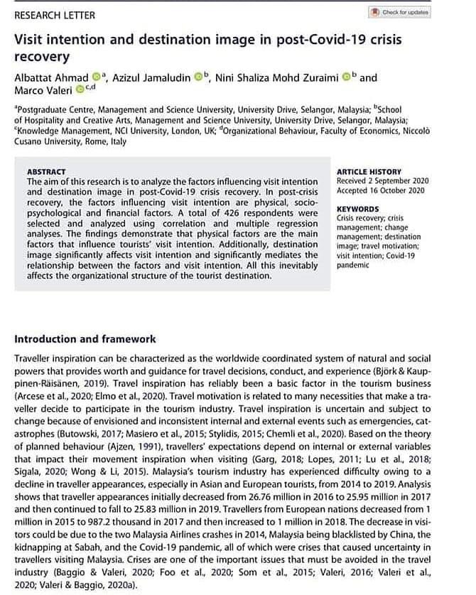 We are excited 🤩 to share our @tandfonline Research Letter on
“visit intention and destination image in post #Covid19 crisis recovery” published online yesterday here: doi.org/10.1080/136835…
@postgraduatece4 #MSUSHCA #tourism