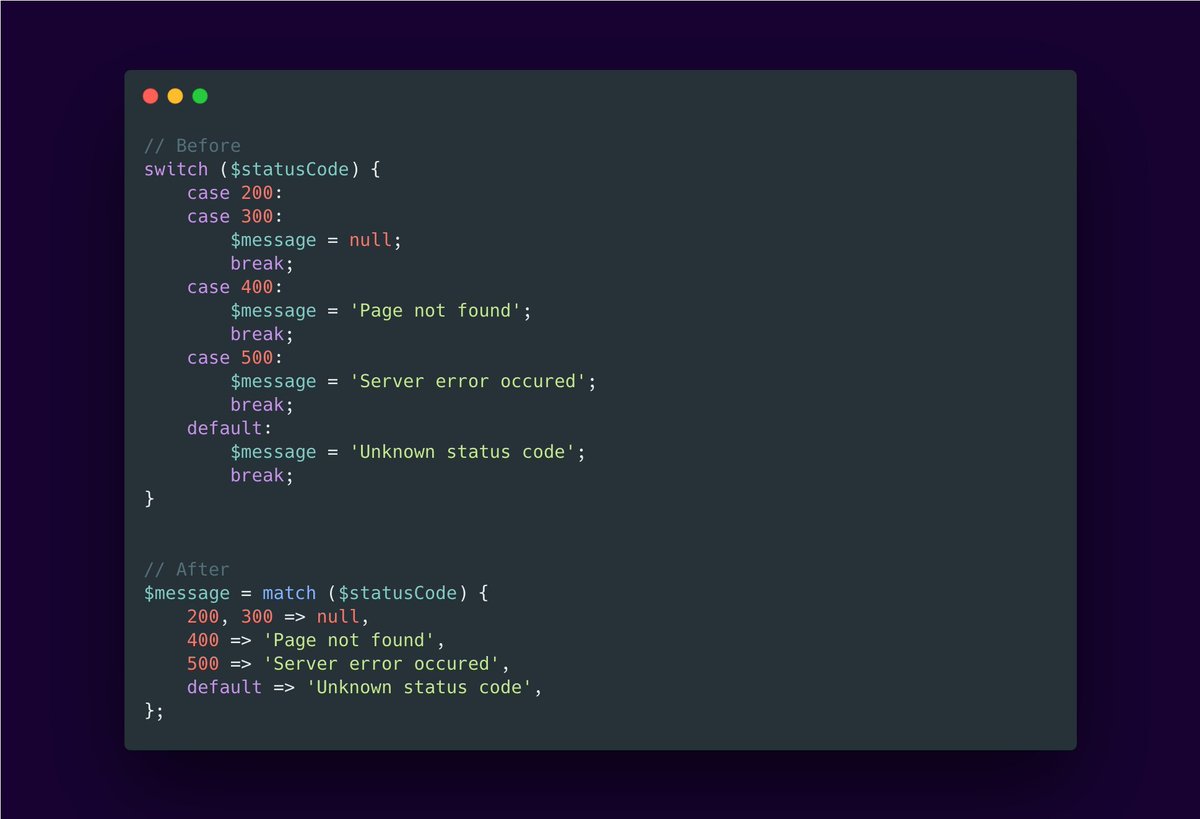3 / Match expression. To reduce the boilerplate code in the switch statement, PHP 8 introduces the match expression.No need for "break", many "case", "return".Simple, self-explaining, easy-to-use 